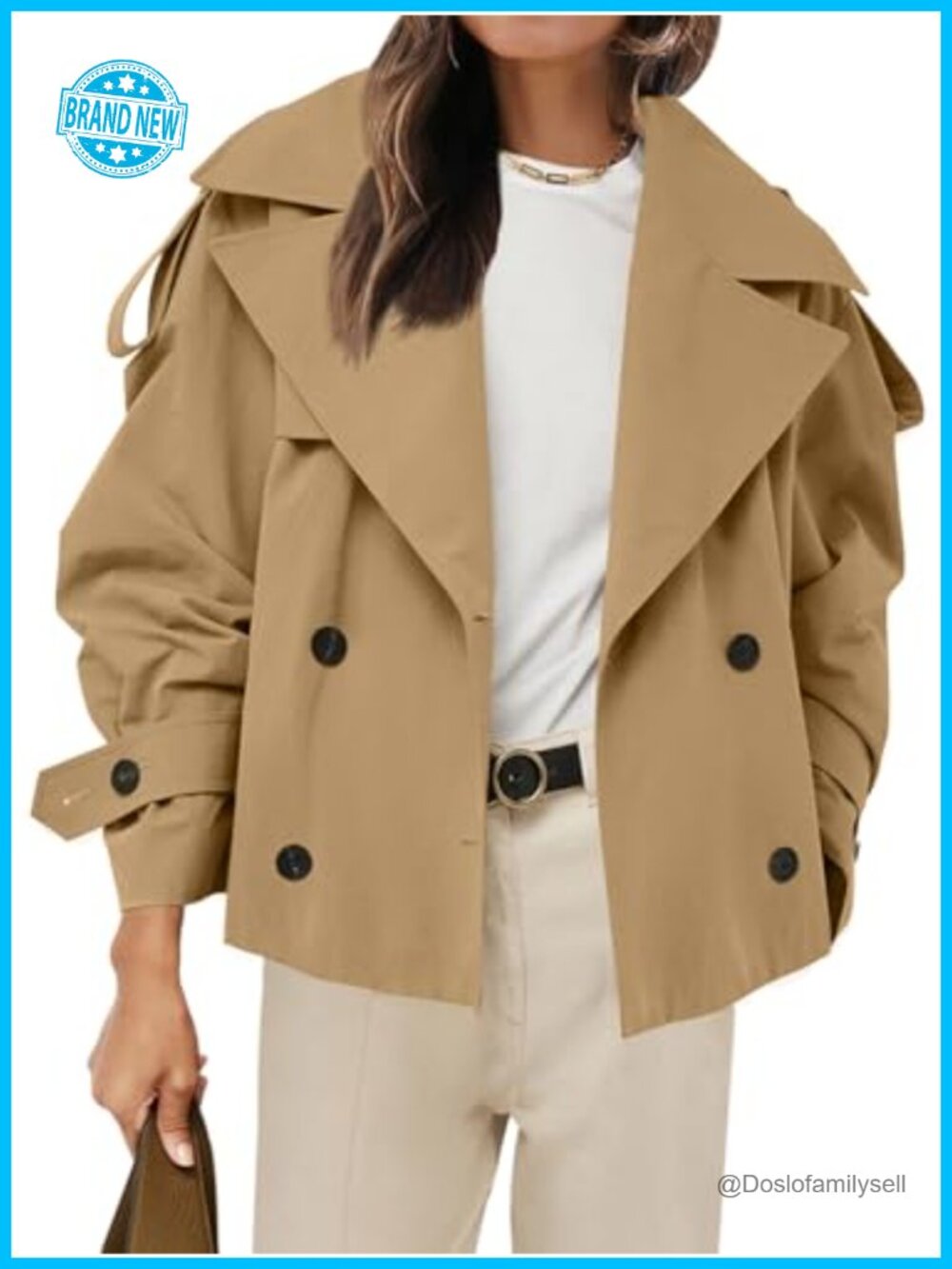 Womens Cropped Trench Coat Double Breasted Button Down Belted Loose Fit